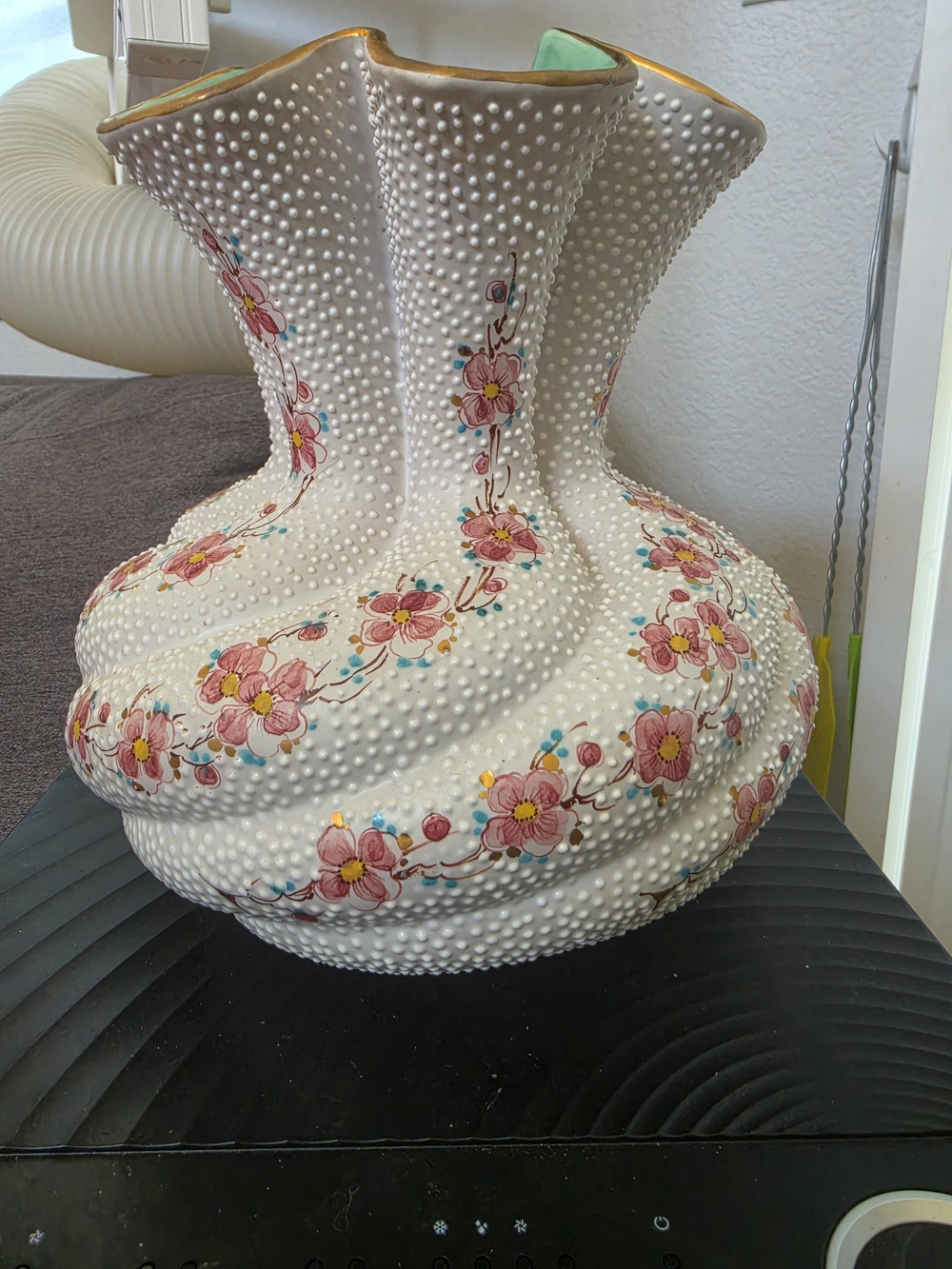 White Hobnail Ceramic Vase with Pink Floral Motif